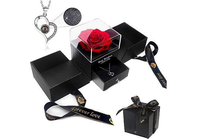 Preserved Real Eternal Rose with I Love You Necklace